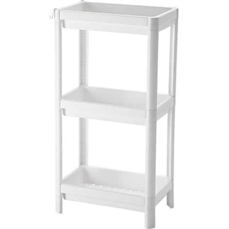Étagère de rangement sur pied 3 niveaux en plastique PP à maille avec crochets pour salle de bain cuisine salon 36,5 x 23 x 70 cm blanc/beige (1/3)