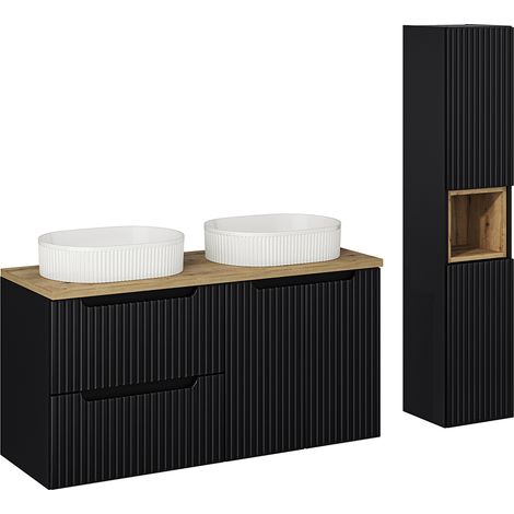 Badmöbel Set 2-teilig, 120cm Waschtisch, in schwarz mit Eiche, gerillte Front, NEWPORT-56-BLACK (1/5)