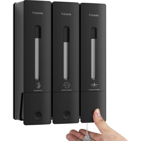 Distributeur Douche Mural – 3 Compartiments – Noir – Sans Perçage – Gain de Place
