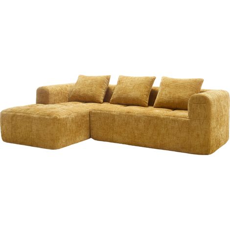 Canapé d'angle moderne 3 places en chenille jaune avec coffre de rangement et repose-pieds (1/5)