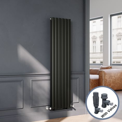 ELEGANT Black Flat Panel Central Heating Radiator with Anthracite Angled Thermostatic Radiator Valves 1600 x 408mm Vertical Double Panel Rads (1/5)