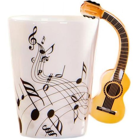 1 tasse céramique forme guitare, poignée violon, motif notes de musique, 250 ml, idéale pour café/thé, cadeau original musicien