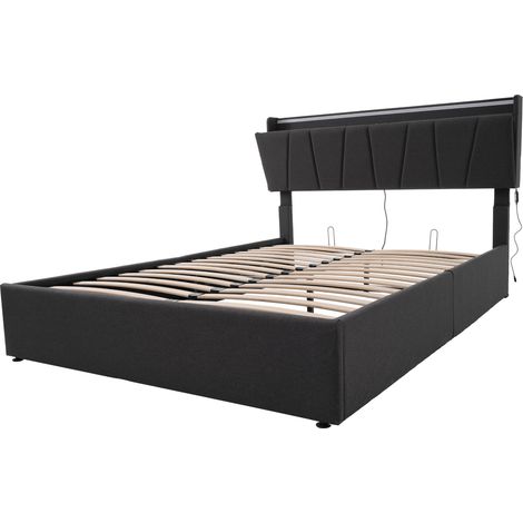 Cama doble tapizada 140x200 cm con cabecero de almacenamiento, USB y LED, gris, sin colchón (1/5)