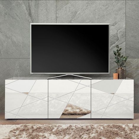 Meuble TV - Blanc laqué brillant avec sérigraphie miroir - L181 x P43 x H57 cm - VICTORY (1/5)