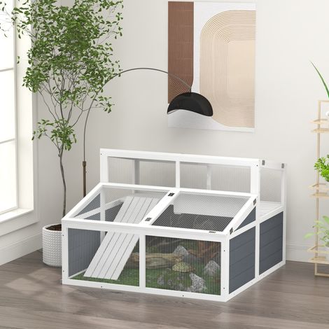 Maison enclos cage pour petit animal tortue avec 2 espaces toit en polycarbonate 3 portes rampe 115 x 115 x 82 cm gris (1/5)