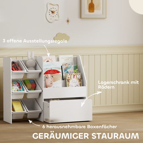 Meuble de rangement jouets 6 casiers avec tiroir roulant, bibliothèque enfant 100x30x80 cm, MDF et acier blanc (1/4)