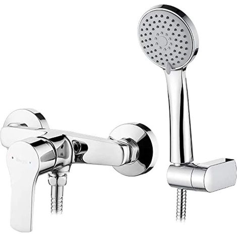 Mitigeur Douche avec Douchette et Flexible de Douche et Support - Robinet Douche Universel Filetage G1/2, Mitigeur Douche Mural, Flexible, Laiton, Chromé (1/5)