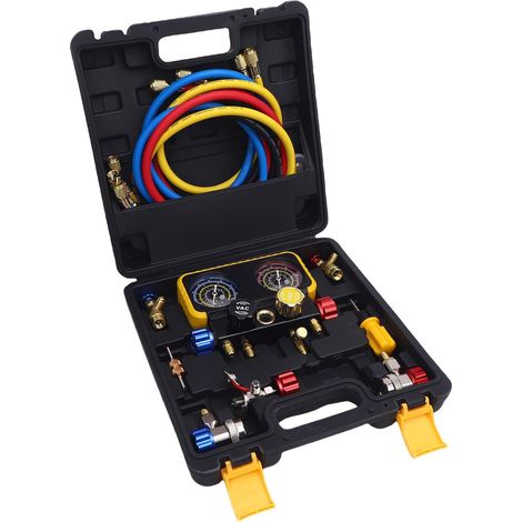 HVAC Pressure Gauges with Hoses Set of 4 Way Refrigerant Pressure Gauges R410A R32 R134A R22 Includes Flow Meter, Safety Valves, Adapters, Tool (1/5)