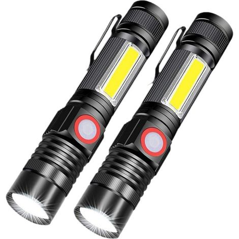2 Pièces Lampe de poche rechargeable par USB, lampe de poche LED magnétique, 2 000 lumens, lampe torche tactique LED super lumineuse avec lampe de travail Cob, étanche, zoomable, meilleure petite lamp (1/5)