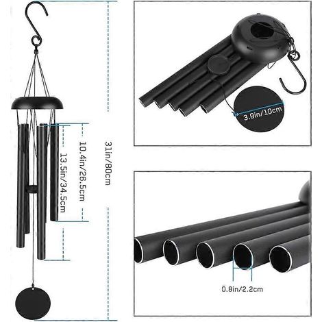 Carillon éolien d'extérieur de grande taille, carillon commémoratif de 80 cm, 5 tubes métalliques, mélodie agréable, décoration rétro classique. (1/5)