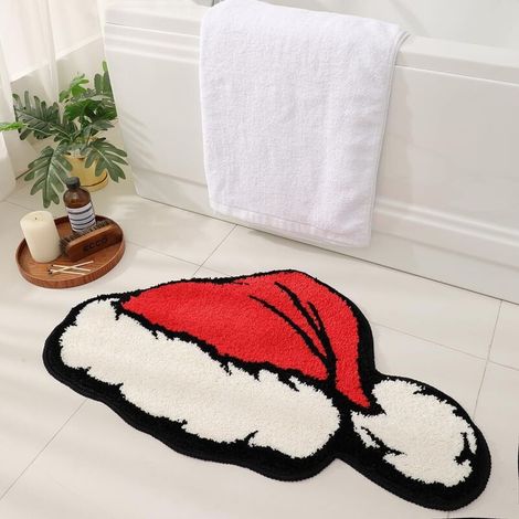 Niedliche Badematte mit Weihnachtsmannmütze fürs Wohnzimmer, weiche und lustige Badematte, rutschfest und maschinenwaschbar, wasserabsorbierend, rutschfest, Größe L