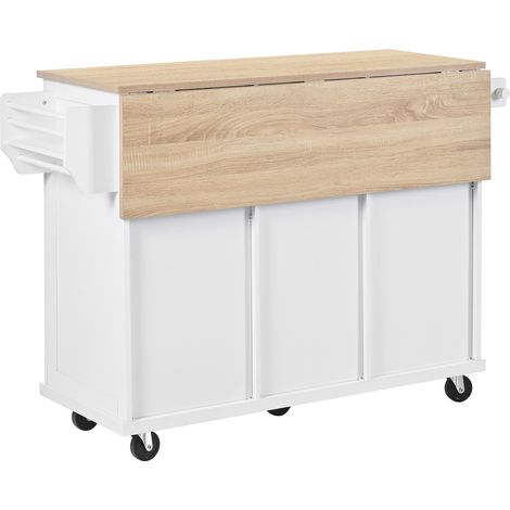Îlot de cuisine à roulettes, îlot de cuisine mobile avec espace repas extensible, compartiment pour poubelle et tiroirs, idéal pour la cuisine et la salle à manger (Blanc) (1/5)