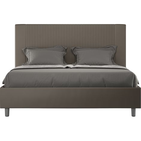 Lit moderne 140x190 cm avec tête de lit rayures verticales matelassé simili cuir cappuccino Bazen- (1/5)