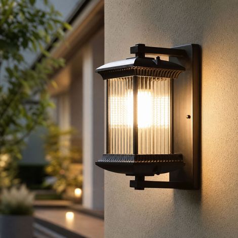 Applique murale extérieure IP65 étanche aluminium et verre côtelé E27 design rétro café doré pour jardin terrasse villa (1/4)