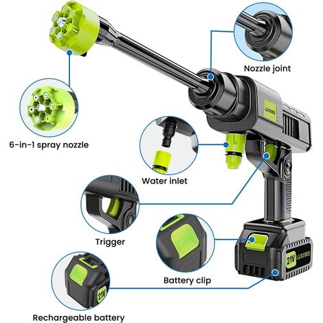 Nettoyeur haute pression sans fil, débit max 4L/min , Buse Multi-Fonctions 6-en-1, Nettoyeur haute pression portable - avec batterie et accessoires