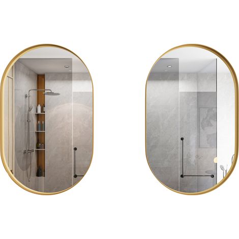 Armoire miroir ovale murale ou encastrée avec étagères en verre réglables, cadre métal doré, rangement salle de bain, chambre et dressing  CHICFURN (1/5)