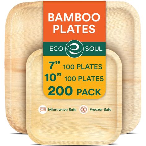Lot de 200 assiettes carrées en bambou de 17,8 cm et 25,4 cm en forme de feuille de palmier, ensemble de vaisselle jetables en vrac, compostables et biodégradables, pour restauration, mariage (1/5)