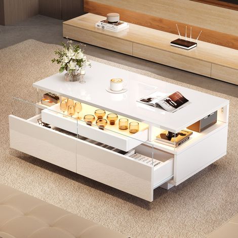 DESMIU Table basse avec 2 tiroirs et étagère amovible, LED contrôlée par application, pour salon, 90 × 45 × 35,5 cm (1/5)
