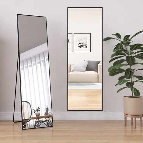 Rechteckiger Standspiegel 140x40 cm, mit Metallrahmen, Ganzkörperspiegel, großer Wandspiegel, modernes Design, für Schlafzimmer – Schwarz
