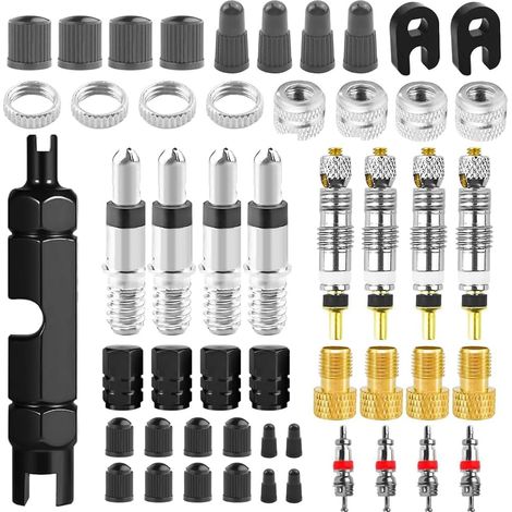 Kit 55pcs Obus de Valve Presta et Schrader avec Demonte Obus Valve Tubeless VTT Accessoire Velo Adaptateur Universel pour Pompe Velo Kit Reparation Pneu Voiture et Velos Electriques sans Fuite(Black) (1/5)