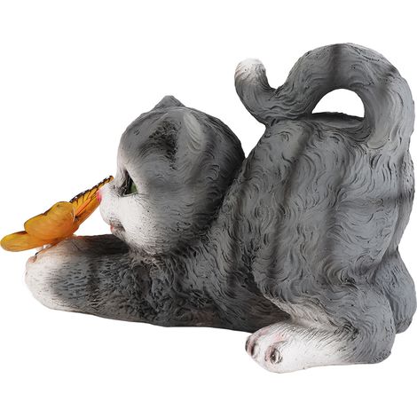 Figurine de chat pour jardin, en résine imperméable, solaire, chat mignon tenant un papillon, décoration pour patio, balcon, cour ou pelouse. (1/5)