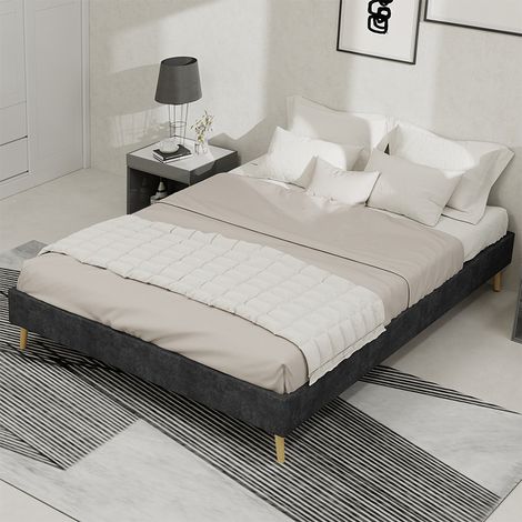 Cadre de lit 140x200 cm velours hollandais gris, base basse, style moderne, sans tête de lit, sans matelas (1/5)