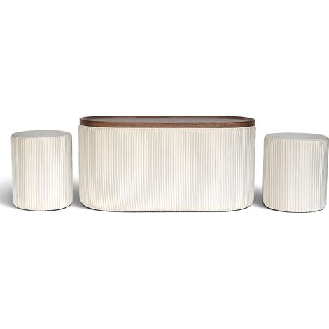 Set 3 Pouf Contenitore con Tavolino da Salotto Ovale in Velluto e Coperchio in Legno, 2 Pouf Interni Salvaspazio, Tavolino Contenitore Moderno, Seduta Imbottita Beige