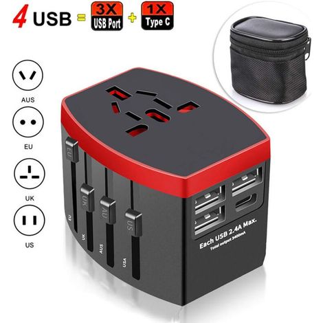 Adaptateur Voyage Universel, International Prise Universelle avec 4 USB, 4 en 1 Chargeur USB pour USA Australie Japon Italie Chine, Prise Monde Applicable à 224 Pays ou régions, Noire (1/5)