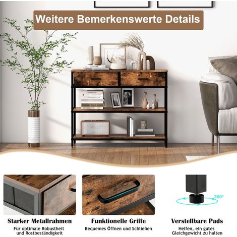 100 cm konsolentisch mit 2 stoffschubladen 3 ebenen beistelltisch rustikales braun