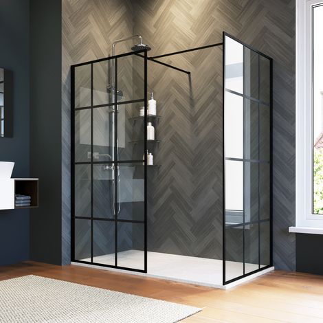 ELEGANT 1200mm Walk in Shower Cabin Black Framed Shower Door 900mm Side Screen Panel Bathroom Enclosure Include Double Stainless Steel Support Rod