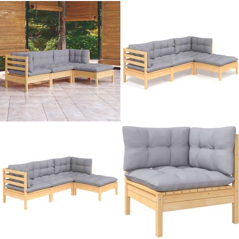 4-tlg. Garten-Lounge-Set mit Grauen Kissen Kiefernholz - Gartensessel - Lounge Set - Gartenmöbel - Outdoor Möbel - Rattan Sessel - Home & Living (1/5)