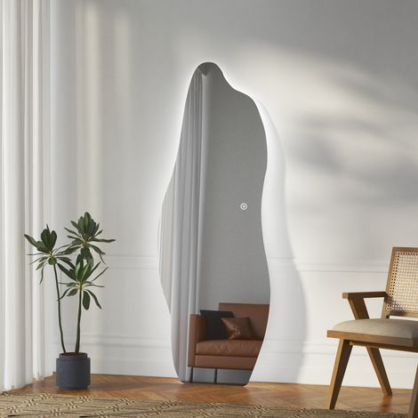 WDWRITTI Asymmetrischer Spiegel mit Beleuchtung 60 x 165 cm Unregelmäßig Ganzkörperspiegel mit Beleuchtung Standspiegel Großes Dekoratives Spiegel Ankleidespiegel Wandspiegel für Ankleidezimmer, Schla (1/5)