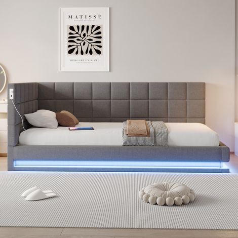 Cama sofá tapizada moderna de lino gris 90x200 cm con cabecero, LED, puerto USB y somier de láminas