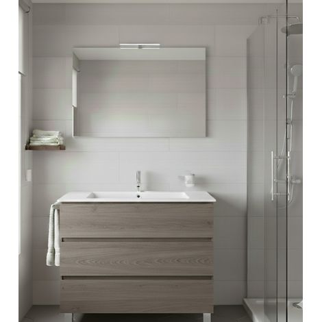 Ducha – Ensemble meuble de salle de bain 3 tiroirs – Lavabo céramique anti-éclaboussures – Miroir intégré 70x40 cm – Chêne fumé, livré monté