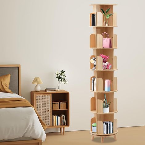 Bibliothèque Tournante 6 Niveaux en Bois - Étagère Rotative 360 Degrés - Rangement Multifonction Organisateur (1/5)