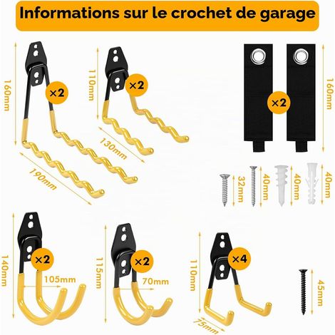 14 crochets garage jaunes 5 tailles différentes support mural acier revêtement antidérapant ranger vélos skis électriques jardin (1/5)