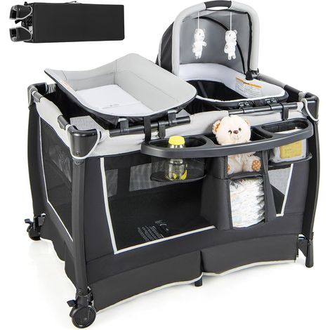 COSTWAY 6 in 1 Reisebett mit Matratze, mobile Babywiege mit verstellbarem Vordach, Babybett Beistellbett klappbar mit Wickelauflage, Spieluhr & Tragetasche für Baby bis 3 Jahre, 15 kg Belastbar (Grau)