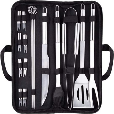 6 pièces Ensemble outils barbecue, Acier inoxydable, Fourchette Couteau Spatule Pinces Brosse, Sac rangement, Extérieur Camping Jardin (1/4)