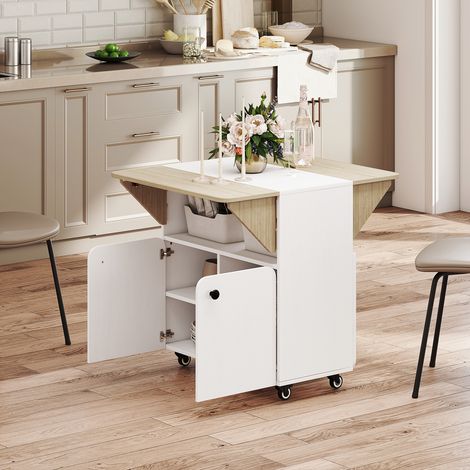 Mesa de comedor plegable con ruedas, mesa de cocina para 4 personas, 2 alas abatibles, estante, armario, 70x83x75cm, blanca