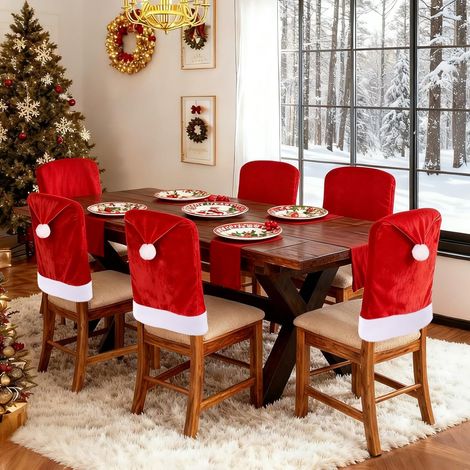 Ensemble de 4 housses de chaise de Noël, housses de chaise de père Noël rouge et blanc, housses de dossier de chaise à manger pour décoration de salle à manger pour les fêtes de Noël et le Nouvel An. (1/4)