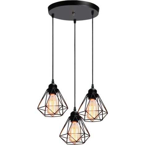 3-Flammige E27 Vintage Industrie Pendelleuchte, Schwarz Metall Hängelampe für Wohnzimmer,Restaurant,Cafe,Bar,Küche(Runde Basis) (1/4)