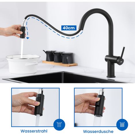Ausziehbar Küchenarmatur Spültischarmatur Küche mit Brausekopf, hohe Auslauf Mischbatterie, Hochdruck Einhebel Wasserhahn für Küche, Schwarz (1/5)
