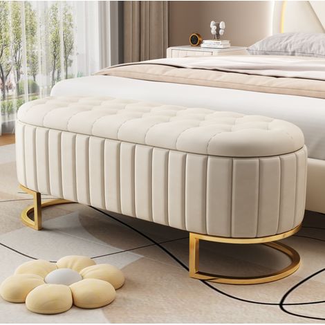 Banquette coffre de rangement en velours beige 120 x 40 cm, pouf polyvalent avec assise rembourrée, pieds métalliques stables  CHICFURN (1/5)