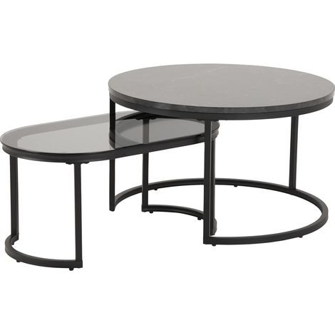 Lot de 2 Tables Basses pour Salon, Table Effet Marbre Verre avec Cadre en Métal, Table Basse Noire, Ensemble de Salon, Tables Gigognes Ronde Ø: 70 x H: 42 cm (1/5)