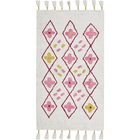 Tapis en Coton Blanc et Rose 80 x 150 cm à Franges et Motif de Losanges Doux Cavus