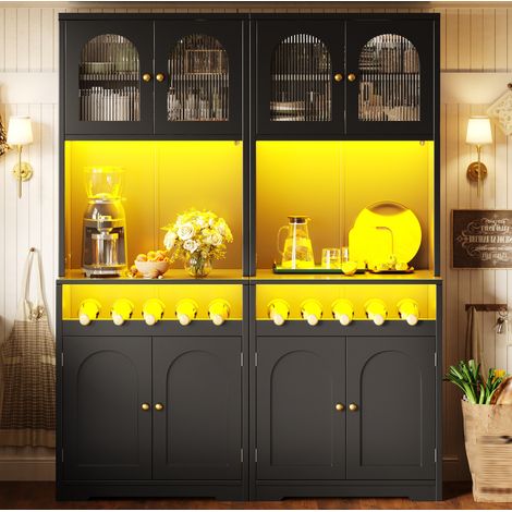 2er-Set hohe schwarze Sideboards mit RGB-LED-App, Glastüren und Weinregal (1/5)