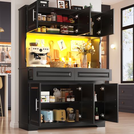 Grand buffet de cuisine haute noire 180 cm avec 2 tiroirs et LED, meuble de rangement avec plan travail et étagères réglables (1/5)