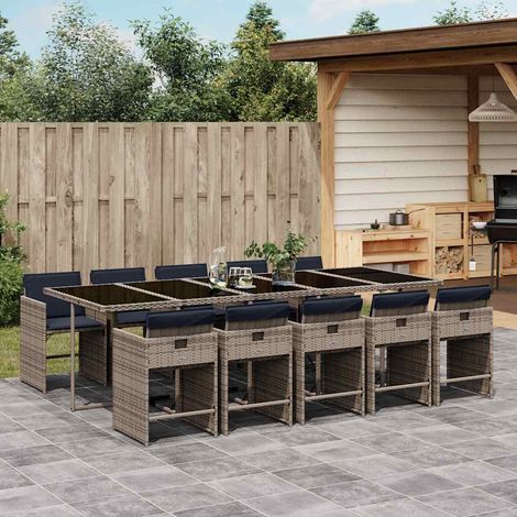 Ensemble repas de jardin 11 pièces en résine tressée gris avec coussins bleu marine, 118kg - PANGIVO (1/5)