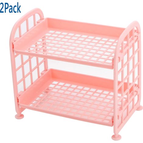 (Lot de 2 roses) Étagère multifonctionnelle à 2 niveaux en plastique pour maquillage, soins de la peau, bureau, cuisine, chambre, salle de bain. Étagère de rangement creuse à deux niveaux. (1/5)