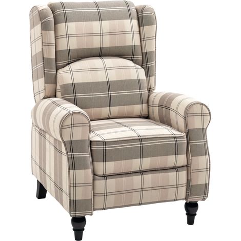 Khaki Pushback Recliner Armchair with Round Armrests and Footrest,Stylish Living Room Wingback Chair with Durable Rubber Wood Legs
